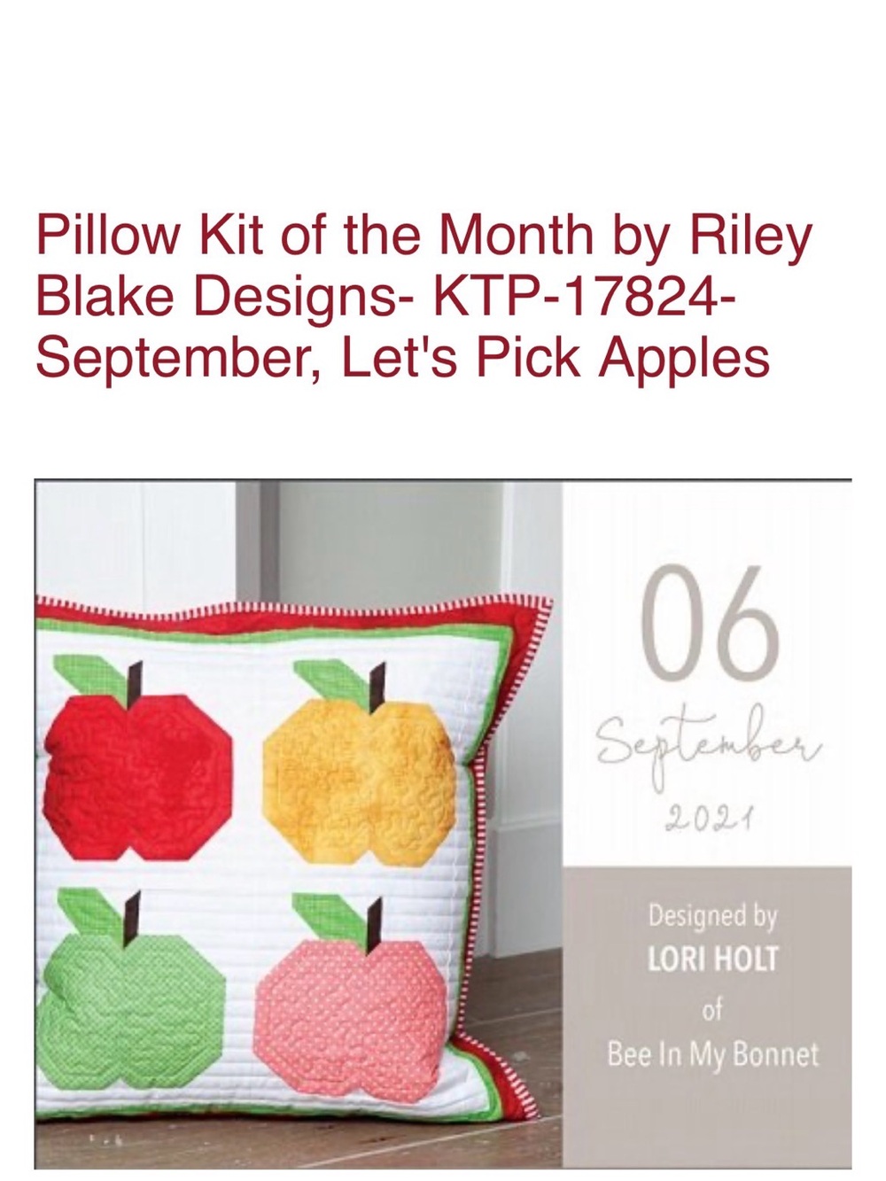 "Let's Pick Apples" Pillow Kit - Multicolor Apple Patch sewing kit